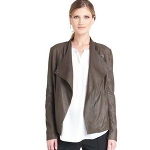 NWOT Rachel Roy Brown Leather Jacket Asymmetrical Stretch Inserts